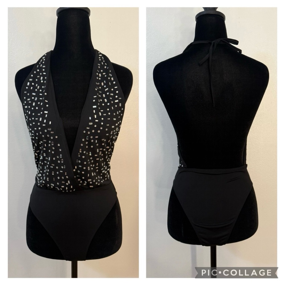 SHEIN Black Backless Embellished Bodysuit